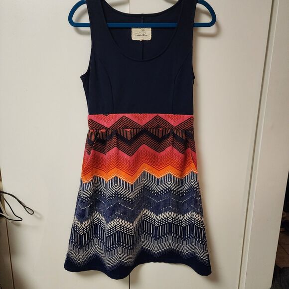 NWOT Anthropologie Tabitha Womens Navy Chevron FitFlare Midi Dress 6 Boho Artsy - Picture 1 of 8